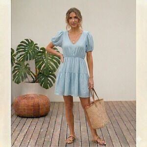 Self Contrast Linen Dress sz Small Tiered Skirt Puff Sleeve Silver Metallic